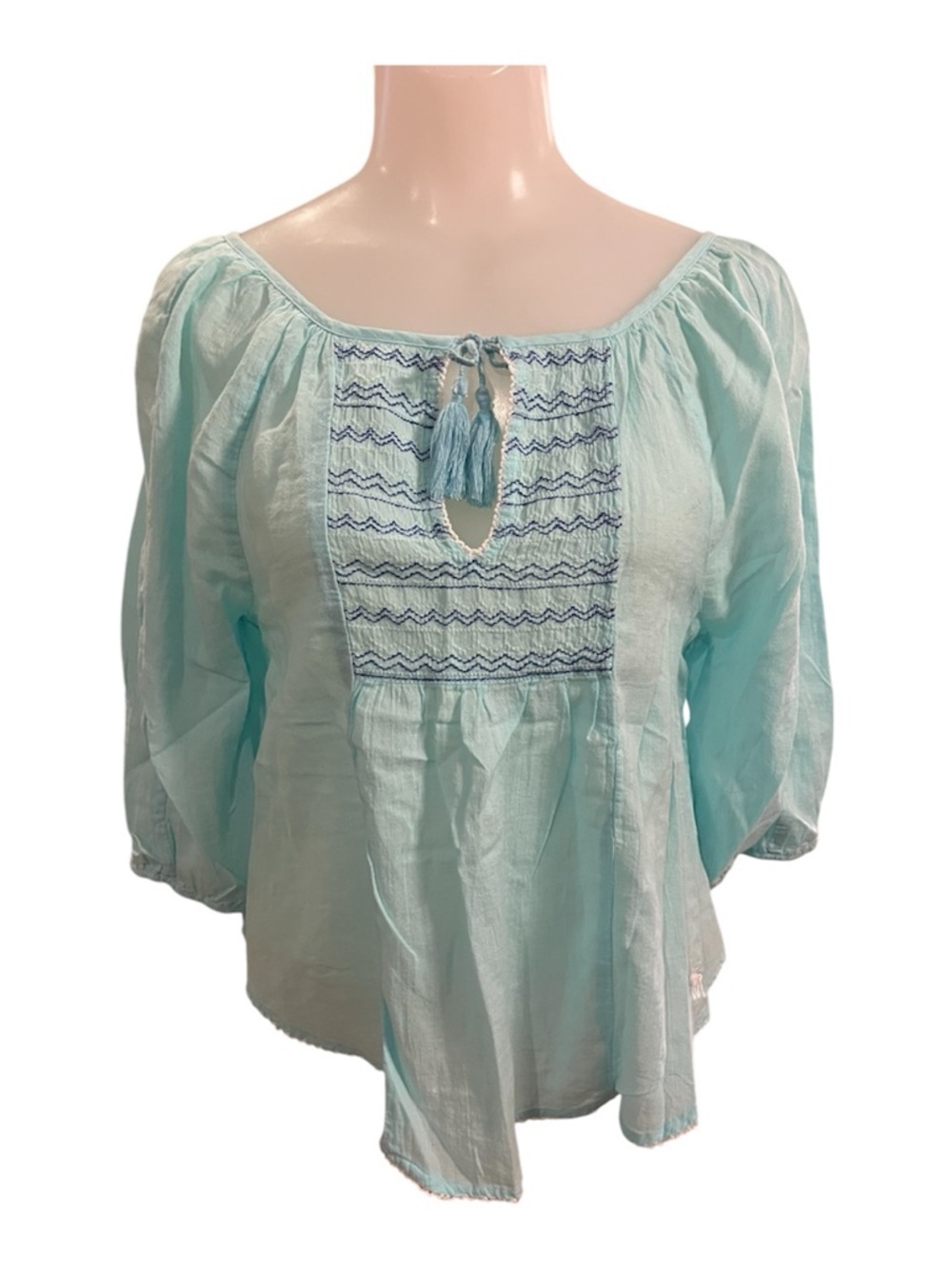 Abercrombie & Fitch Light Aqua Embroidered Peasant Top size XS